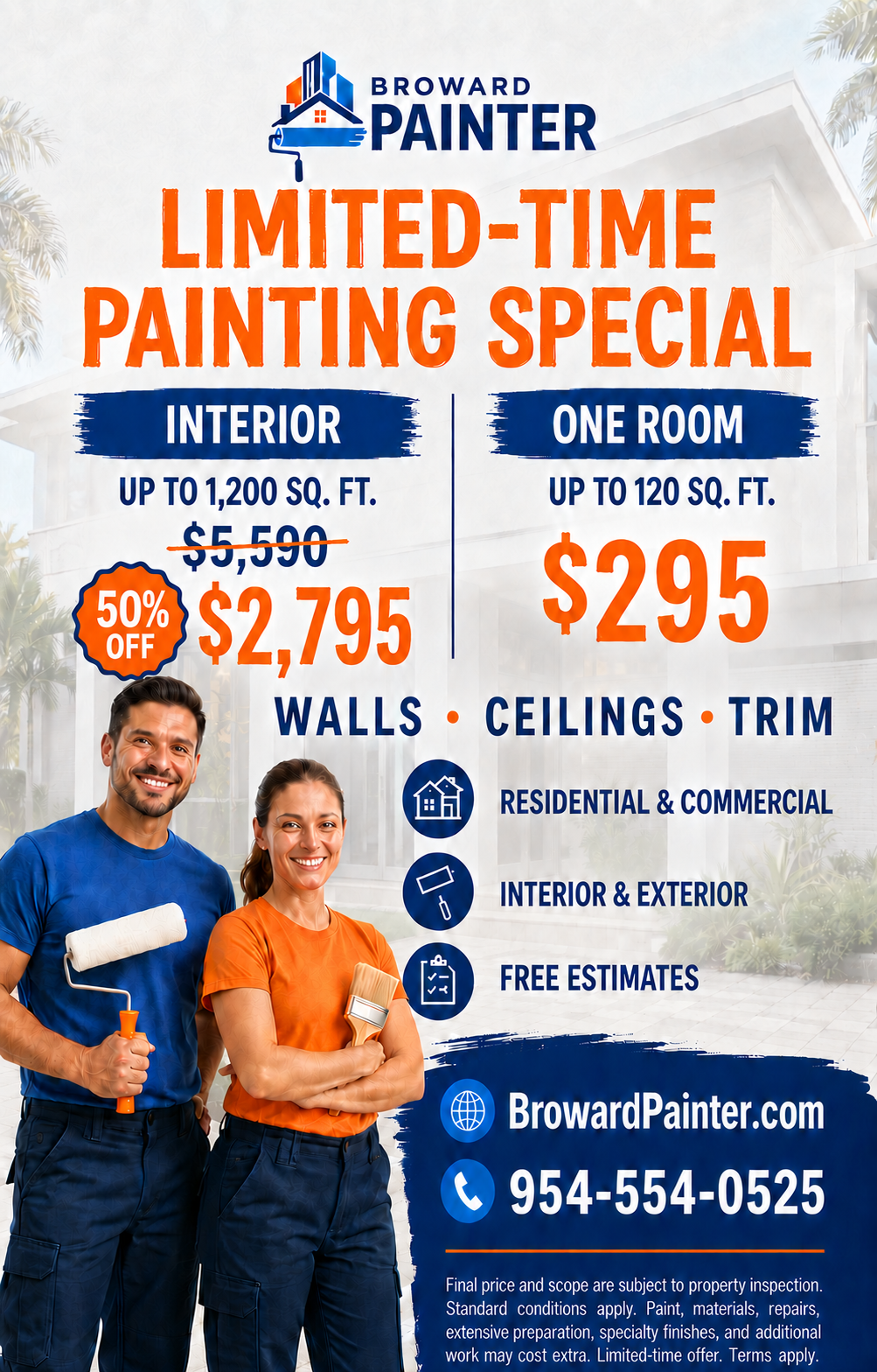 Broward Painter limited-time painting special: interior up to 1,200 sq. ft. for $2,795 (50% off $5,590) and one room up to 120 sq. ft. for $295, including walls, ceilings and trim