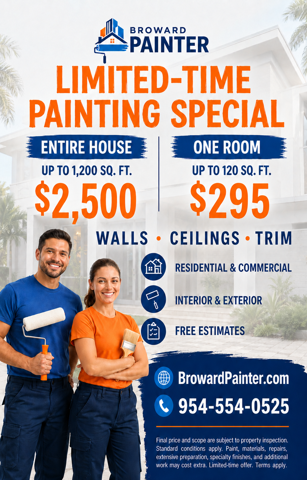 Broward Painter limited-time painting special: entire house up to 1,200 sq. ft. for $2,500 and one room up to 120 sq. ft. for $295, including walls, ceilings and trim